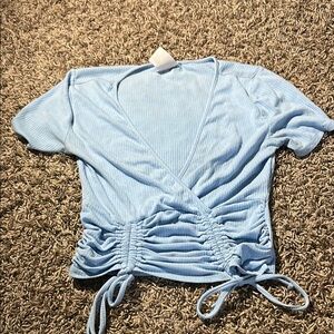 No Boundaries Blue Ruched Tie Front Blouse